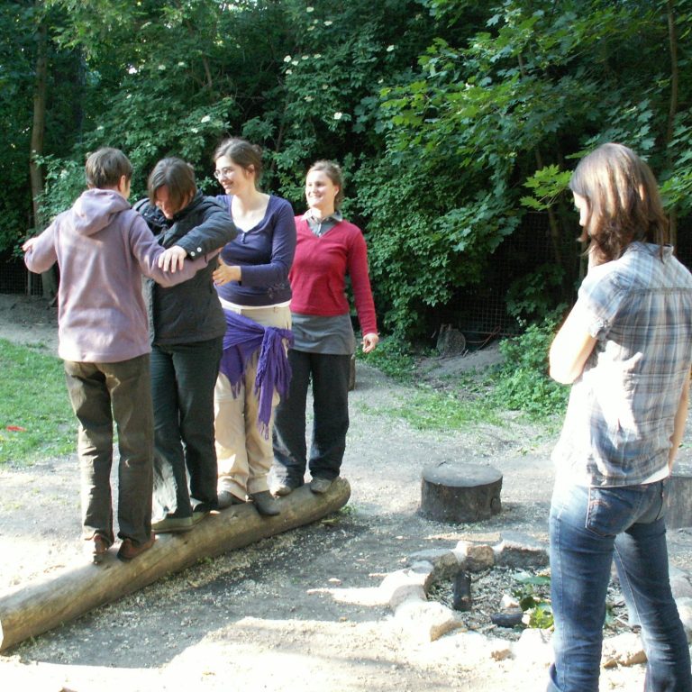 Gruppendynamik, Menschen auf einem Baumstamm balancierend, im Hintergrund Bäume.