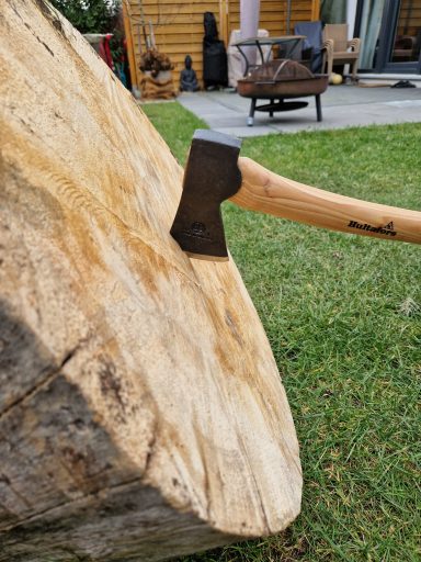 Axt steckt in einem großen Holzscheit auf einer Wiese.